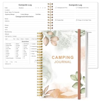 Heveboik Camping Journal and RV Travel Log Book - A5 Outdoor Camp & Adventure Journal for 25 Camping, Hiking Journal, Family Travel Books Camper Essentials Camping, 5.8" x 8.5", Rose Leaf