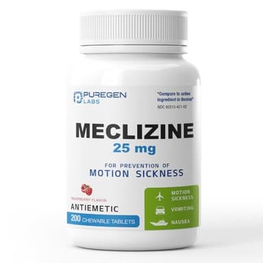 Puregen Labs Meclizine 25 mg Antiemetic 200 chewable Tablets | Motion Sickness Relief - Prevent Nausea, Vomiting, and Dizziness | Dairy Free | Value Pack – 200 chewable Tablets