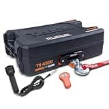 RUGCEL WINCH 12V DC Electric Portable Utility Winch 4500lb/2041kg Single Line Pull with Steel Mounting Plate, Integrated Hawse Fairlead and Synthetic Rope,Wiress Remote, Black