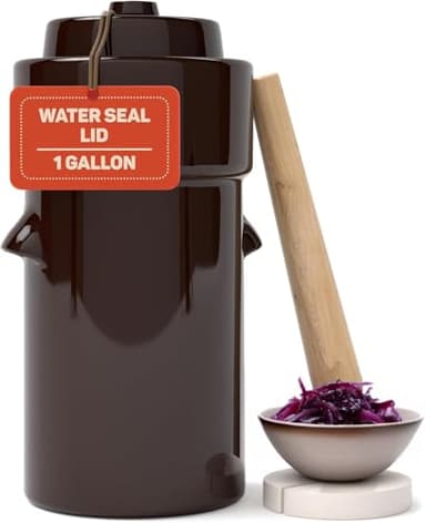 Fermentation Crock 1 Gallon - Sauerkraut Crock with Lid, Weights & Pounder - Ceramic Fermenting Crock Kit for Pickling Cabbage Kimchi Vegetables - 4 Liter Fermentation Jar - Stoneware Pickle Pot