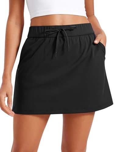 CRZ YOGA 4-Way Stretch A Line Skirts for Women - High Waitsted Mini Lined Tennis Work Drawstring Skort with Pockets Black Large
