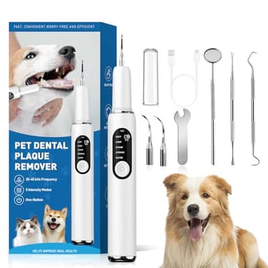 QVKHPCL Dog Teeth Cleaning Kit Dog Plaque and Tartar Remover with LED Light 5 Adjustable Modes Electric Toothbrush Pet Teeth Cleaner for Dogs and Cats (White)