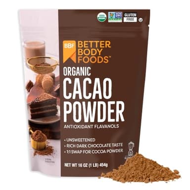 BetterBody Foods Organic Cacao Powder 16 Oz, Unsweetened for Baking, Cocoa