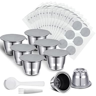 Didaey Reusable Espresso Capsules Stainless Steel Refillable Coffee Pods Reusable Espresso Pods with Aluminum Foil Seals Stickers Lids Compatible with Nespresso Machines (6 Cups, 204 Lids)