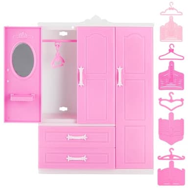 PH PandaHall Mini Closet Furniture Wardrobe Clothing Organizer Open Wardrobe with 40PCS Clothes Hangers 4 Styles Pink Miniature Hangers Mini Furniture Clothing Organizer