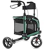 WALK MATE 3 Wheel Rollator Walker with Seat for Slim Seniors, Padded Backrest Lightweight Foldable Walker Ideal for Elderly, 8 Inch Tri-Wheel Modern Mobility Walking Aid Aluminum, Green
