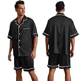 LANMAIGUO Black Men's Silk Satin Pajama Sets,Button-Down Loungewear,V-Neck Mens Pj Sets with Pocket Two-Piece XL