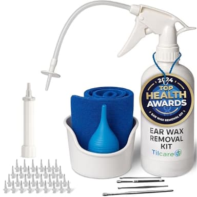 Ear Wax Removal Tool by Tilcare - Ear Irrigation Flushing System for Adults & Kids - Perfect Ear Cleaning Kit - Includes Basin, Syringe, Curette Kit, Towel and 30 Disposable Tips