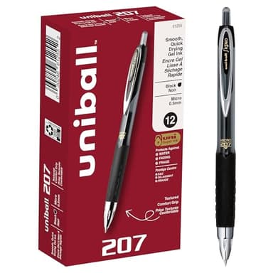uniball 207 Retractable Gel Pens, Micro Point (0.5mm), Black, 12 Pack