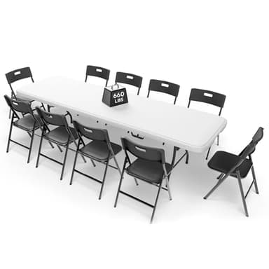 Ortus Collective 8FT Folding Table Set with 10 Chairs – Heavy-Duty 660 lb Table & 330 lb Chairs, Portable Folding Furniture Bundle for Camping, Parties, Indoor & Outdoor Use