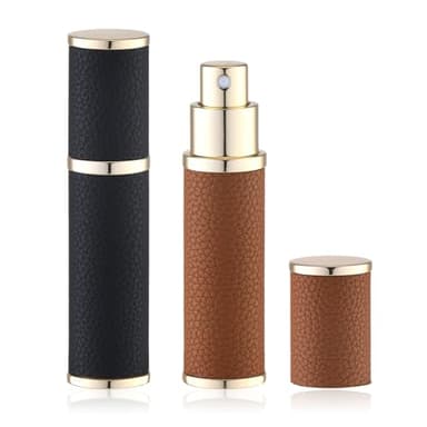 Fusupak Travel Perfume Bottle Refillable - Mini Portable Cologne Atomizer Sprayer - Empty Travel Size Fragrance Pump Dispenser Container for Man - 10ml Black Brown 2PCS Small Leather Refill Sample
