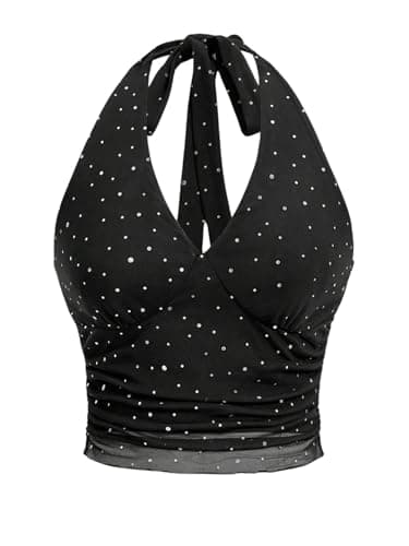 WDIRARA Women's Rhinestone Crop Halter Top Ruched Sleeveless Tie Backless Mesh Top Black Medium