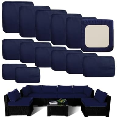 TECOSARA Outdoor Cushion Covers Replacement 14 Pcs Patio Cushion Covers fit for 7Pieces 6-Seater Wicker Rattan Sectional Couch Sofa Outdoor Cushion Slipcovers Set Seat and Back Cover Only, Blue