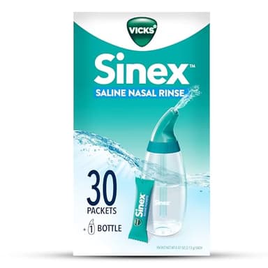 Vicks Sinex Saline Nasal Rinse Starter Kit, Drug Free Saline, Flush Out Mucus and Allergens, Fast & Effective Relief for Everyday Congestion from Sinus & Allergy, 1 Bottle + 30 Refill Packets