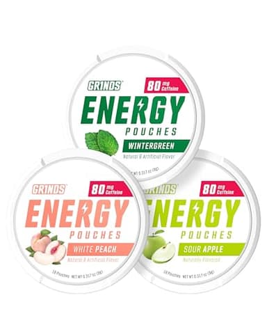 GRINDS Energy Pouches - Natural Caffeine Pouches - Contains B-Vitamins, Sugar-Free, & 0 Calories - 80mg of Caffeine in Each Pouch - Wintergreen, Peach, & Sour Apple - 3 Pack, 15 Pouches Per Can