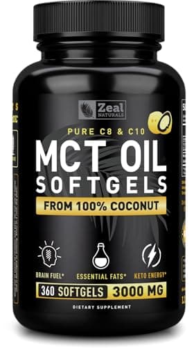 Zeal Naturals Pure MCT Oil Capsules - 3000mg, 360 Softgels |C10, C8 MCT Oil Unrefined Coconut | Energy Support & Brain Fuel Supplement | Gluten-Free