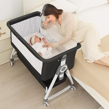 OHFLY Baby Bassinet, Bedside Bassinet for Baby, 4 in 1 Bassinet Bedside Sleeper with Locked Wheels, Mosquito Net, Adjustable Easy Folding Portable Crib for Infant Newborn, Dark Grey