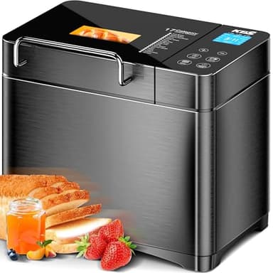 KBS Premium Convection Bread Maker Dual Heater, 17-in-1 Stainless Steel Bread Machine Ceramic Pan, Nut Dispenser,Touch Panel,2lb Loaf 3 Sizes 3 Crust Colors,Gluten-Free,Sourdough,Jam,Yogurt,53 Recipes