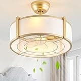 SYDACG 20" Gold Fandelier Ceiling Fans with Lights, Boho Rattan Chandelier Ceiling Fan with Light Remote Control, Mid-Century Modern Caged with 6 Speeds for Bedroom, Nursery