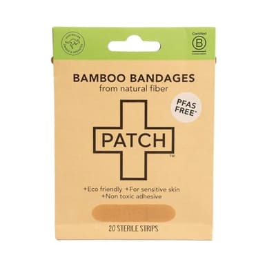 PATCH Natural Eco-Friendly Bamboo Adhesive Sensitive Skin Bandages, Hypoallergenic Bandages for Sensitive Skin, Compostable, Biodegradable, Latex Free and Plastic Free, 20pk