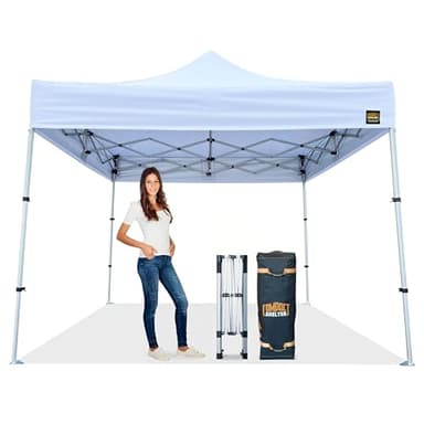Compact Shelter - 10x10 Heavy Duty Pop Up Canopy - Easy Setup, Commercial Grade Aluminum Frame, 42” Folded Frame Height, UPF 50+, Portable Tent for Beach, Events, Camping, Roller Bag (White)
