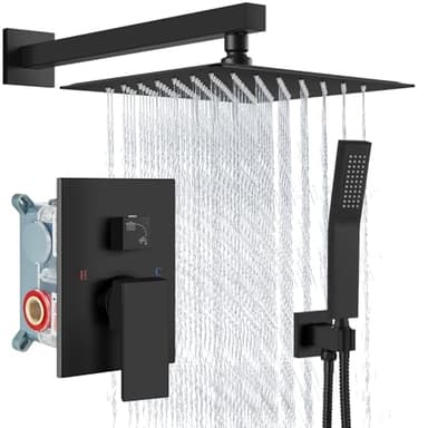 Aolemi Shower Faucet Set Rain Shower System with Handheld Spray Bathroom Shower Combo Rough-in Valve and Shower Trim Kit Included Matte Black 12 Inch Wall Mount Shower Head