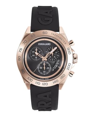 Ferragamo Urban Chrono Collection Luxury Mens Watch Timepieces with a Black Strap and Dial Featuring a Rose Gold Case