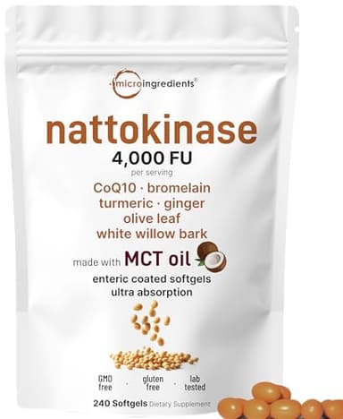 Nattokinase 4,000 FU Equivalent, 240 Enteric Coated Softgels with MCT Oil | 7-in-1 Ultra Absorption Cardiovascular Supplement with CoQ10, Bromelain, Turmeric, Ginger, Olive Leaf, & White Willow Bark