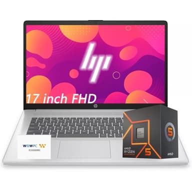 HP 17 New Business Laptop, 17.3" FHD IPS Display, AMD Ryzen 5 7000 Series CPU (Beats Intel 13th i7-1355U), 8GB RAM, 756GB Storage (256GB SSD + 500GB External), Windows 11, WOWPC USB, w/o Earbuds