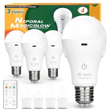 Neporal MagicGlow Rechargeable Light Bulbs with Remote, 3 Colors Shift + Stepless Dimmable Battery Powered LED Bulbs, USB Rechargeable, A19 Emergency LED Light Bulbs, 15W, Up to 24 Hours