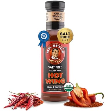 Mr. Spice Organic Hot Wing Sauce, Salt Free Hot Wing Sauce (0mg/serving), Gluten Free, Low Sodium Sauces for Marinade, Grill & Air Fryer, No Salt Award-Winning Flavor, 13.5 Ounce (Pack of 1)