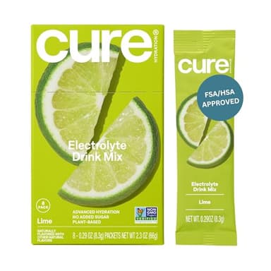 Cure Hydration | Plant-Based Electrolyte Drink Mix | No Added Sugar | FSA-HSA | Dehydration Relief Powder Made with Coconut Water | Non-GMO | Vegan | Box of 8 Packets - Lime