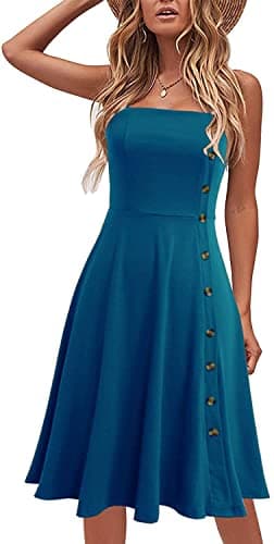 Women's Casual Summer Dress Beach Flattering Flowy A-Line Spaghetti Straps Solid Cotton Button Down Midi Sundress Teal