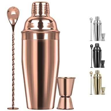 Large 24oz Cocktail Shaker Set, Stainless Steel 18/8 Martini Mixer Shaker with Built-in Strainer, Measuring Jigger & Mixing Spoon, Martini Shaker Set, Perfect for Bartender and Home Use, Rose Gold