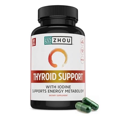 ZHOU Thyroid Support - Thyroid Supplement for Women & Men with Zinc, Iodine, & Selenium, Cellular Energy Thyroid Complex with Ashwagandha, Kelp - 60 Veggie Capsules (Pack of 1)