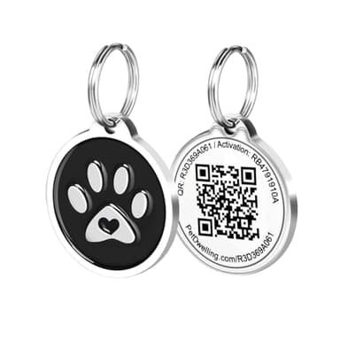 Pet Dwelling QR Code Pet ID Tag – Smart Dog & Cat ID Tags for Pet Safety, Free Personalized Online Profile, Instant Scan Alerts, AI Insights (Black Paw)