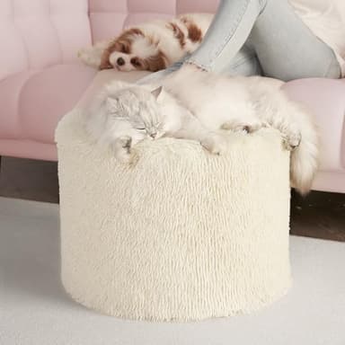 Hansleep Pouf Ottoman Foam Filled 17 x 14, Faux Fur Round Ottoman Foot Rest for Chair with Washable Cover, Foot Stools Under Desk for Living Room & Bedroom, Beige