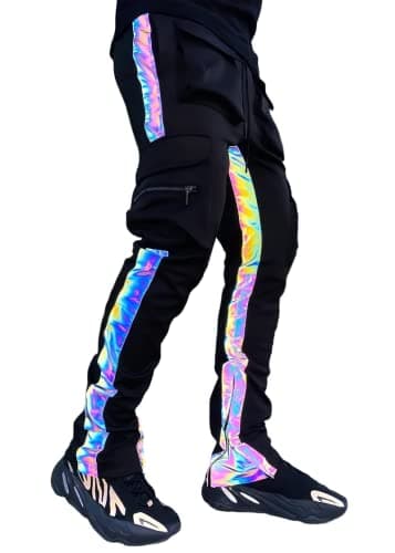 LZLRUN Rainbow Reflective Striped Pants Men Brand Hip Hop Dance Fluorescent Trousers Casual Harajuku Night Sporting Jogger (S)