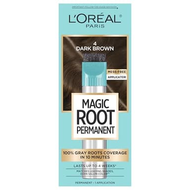 L'Oreal Paris Magic Root Rescue 10 Minute Root Hair Coloring Kit, Permanent Color with Quick Precision Applicator, 100 percent Gray Coverage, 4 Dark Brown, 1 kit (Packaging May Vary)