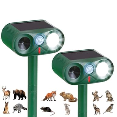 2Pack Solar Ultrasonic Animal Repeller with Strobe Light – for Gardens, Farms and courtyards Outdoor Deterrent for Raccoons, Deer, Squirrels, Cats, Skunks & Foxes