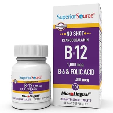Superior Source No Shot Vitamin B-12 Cyanocobalamin 1000 mcg, B-6, Folic Acid 400 mcg - Support Brain & Heart Health - Aids Natural Energy Levels - 100 Sublingual Dissolving Tablets