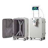 mixi Carry On Luggage with Cup Phone Holder and Charger Hard Shell Suitcases with Spinner Wheels, 20 Inch Smoke White