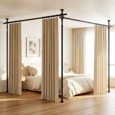 Fazlino Room Divider No Drilling, 28-140 Inch Wide Adjustable Curtain Rod, 4-10ft Height Heavy Duty Partition Space Separator, Freestanding Tension Rod for Room Separation, Black