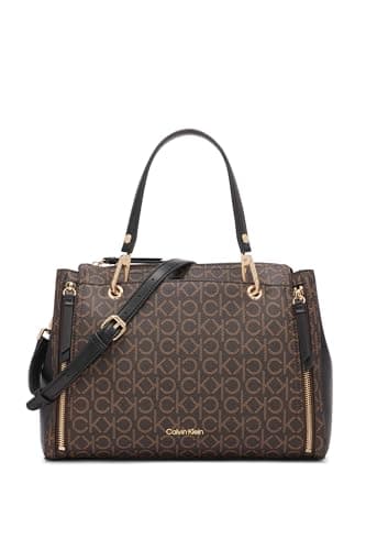 Calvin Klein Reyna Novelty Satchel, Brown/Khaki/Black Linear, One Size