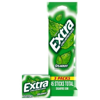 EXTRA Spearmint Sugar Free Chewing Gum Spring Break Travel Accessories, 15 Sticks, (3 Pack)