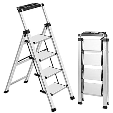 XinSunho 4 Step Ladder, Retractable Handgrip Folding Step Stool with Anti-Slip Wide Pedal, Aluminum Stool Ladders 4 Steps, 330lbs Safety Household Ladder