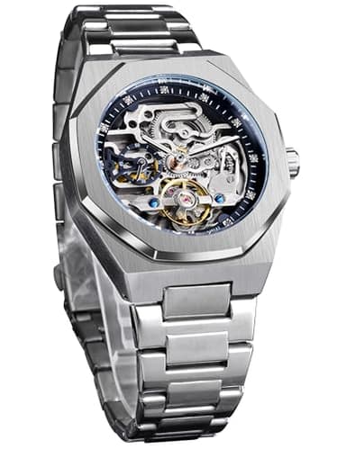 FORSINING Automatic Watch Mechanical Wrist Watch for Men Octagonal Waterproof Skeleton Watches Luxury Diamond Tourbillon Silver Stainless Steel Band