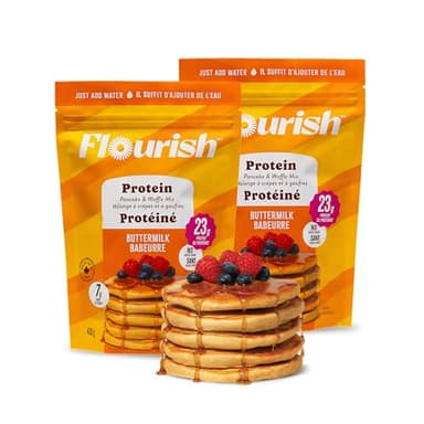 Flourish Protein Pancake & Waffle Mix, with Whey Protein & Flax Seed, No Added Sugar, High in Protein & Fiber - Just Add Water - Buttermilk Flavour, 16 oz (2 Pack)