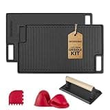 Cast Iron Reversible Grill/Griddle Set with Press, Scraper & Mitts - Pre-Seasoned, Non-Stick - 16.75" x 9.5" - Gas Stove, Grill, Camping, Indoor and Outdoor Cooking