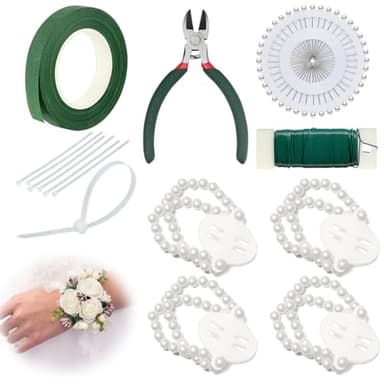 Floral Tape and Boutonniere Kit with Green Floral Tape, Floral Wire, Boutonniere Flower pin, Wire Cutter and Elastic Pearl Wrist Corsage Bands for Bouquet Supplies